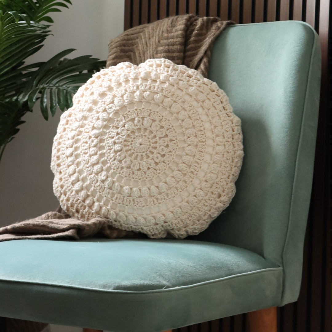 100% handmade round crochet cushion