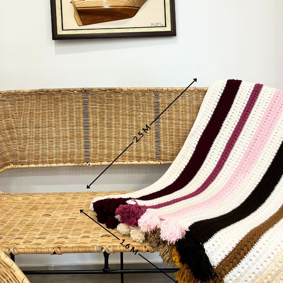Plaid canapé en crochet multicolore 100% fait main (2.5x1.6m)