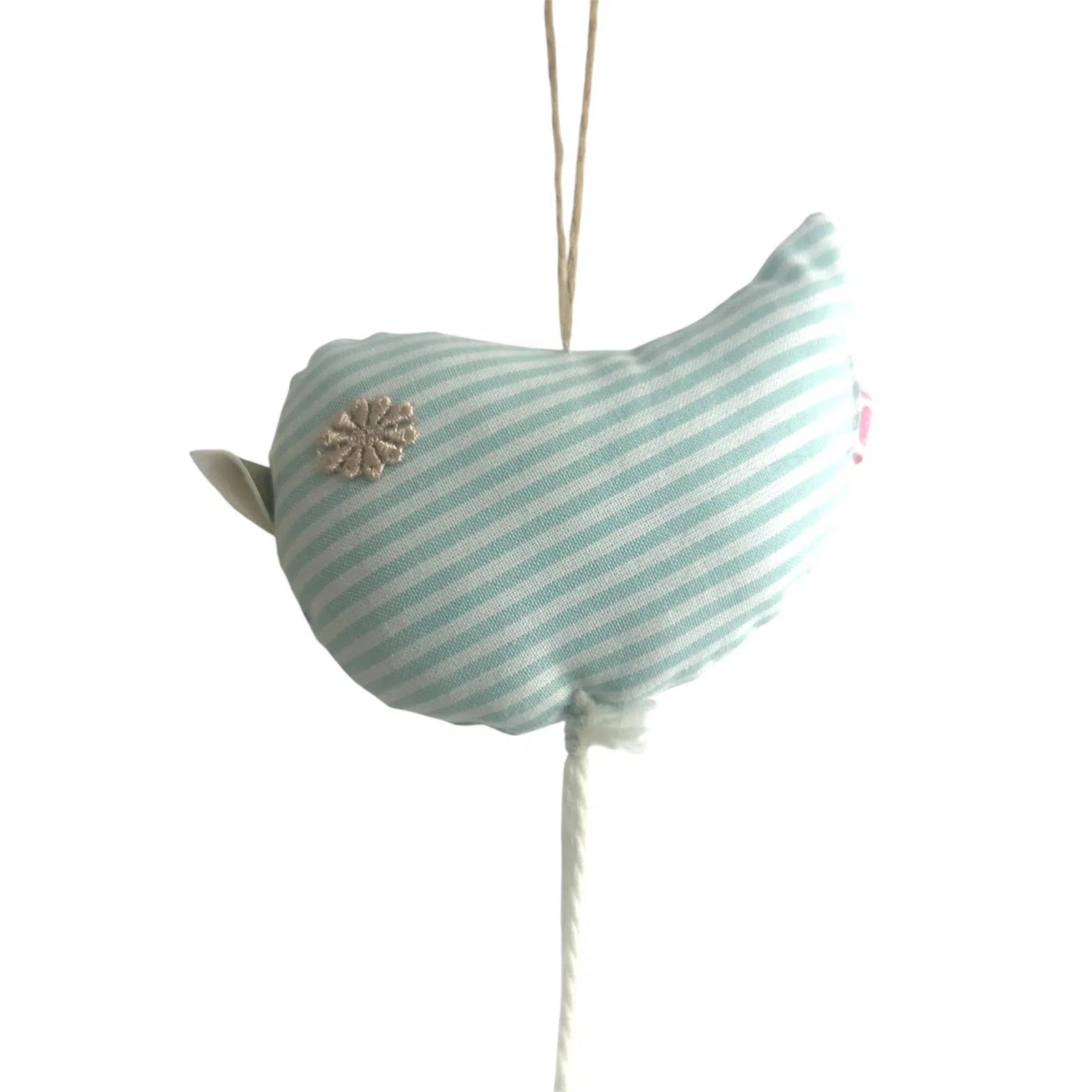 Doudou oiseau suspendu en tissu rayé avec pompon