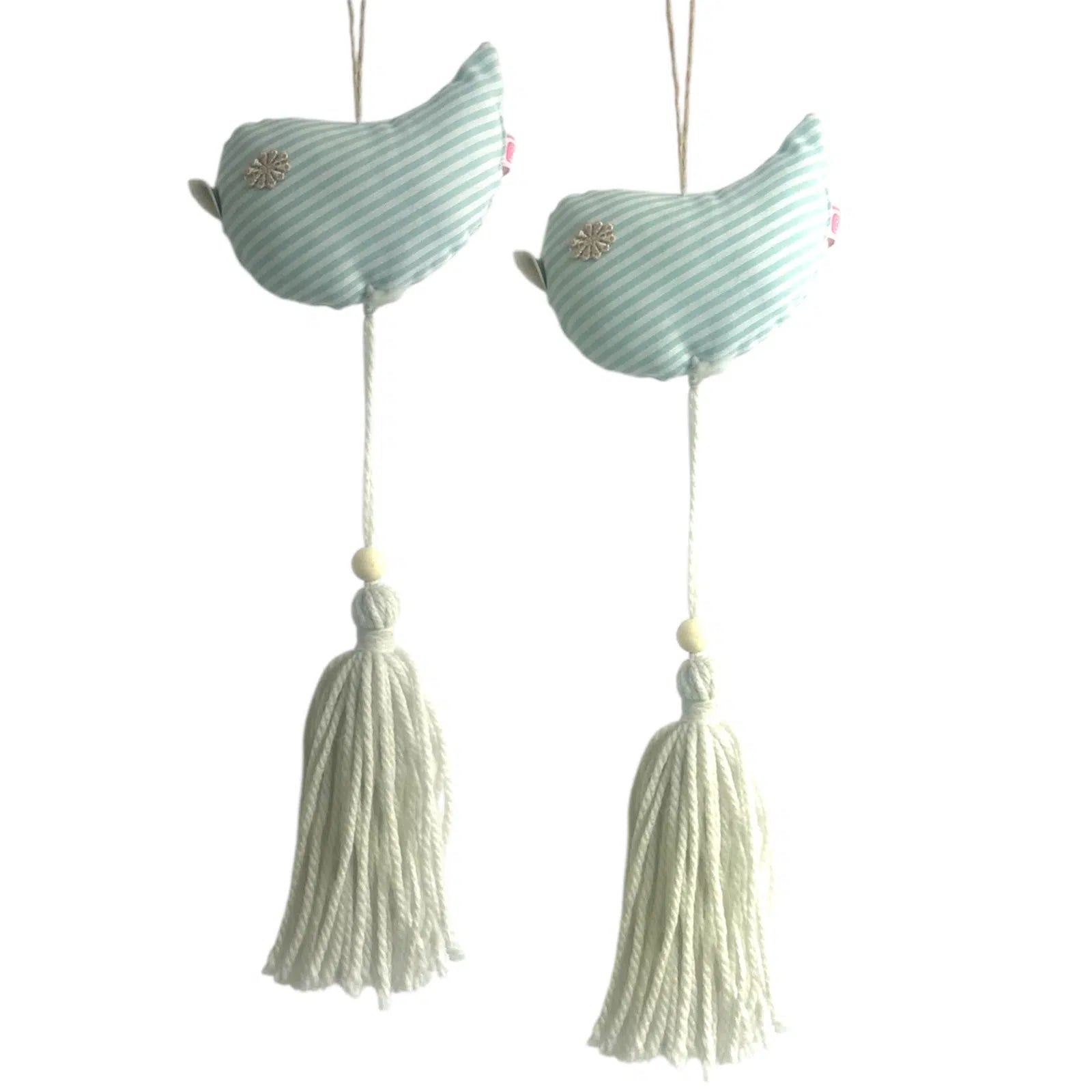 Doudou oiseau suspendu en tissu rayé avec pompon