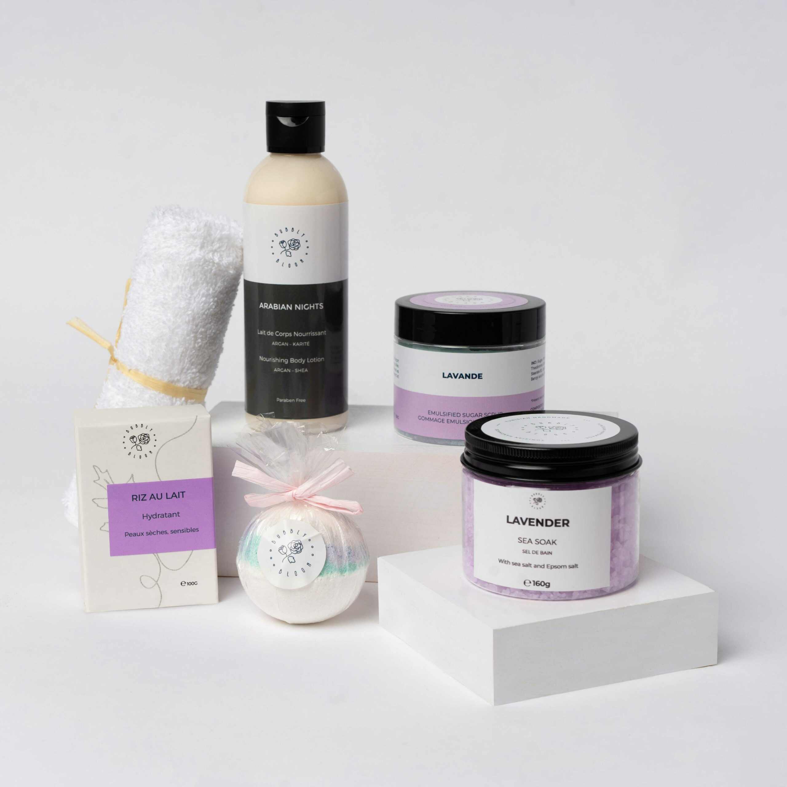 Pack Soin Corporel Purple: lait de corps Musk blanc patchouli+ gommage corporel lavande+sels de bain lavande +bombe de bain + savon au lait de riz+ serviette en coton