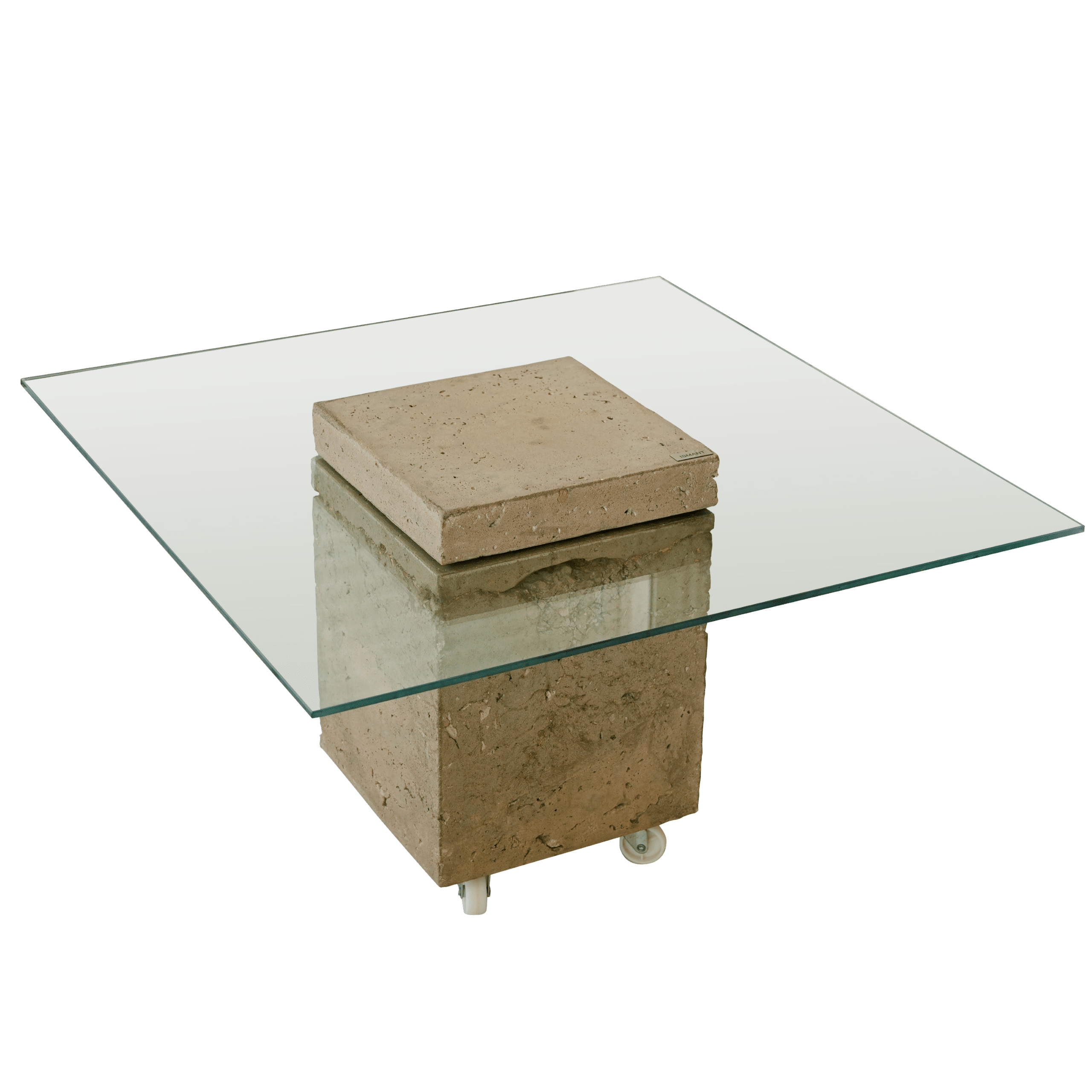 Table flottante avec blocs en béton et plateau en verre suspendu