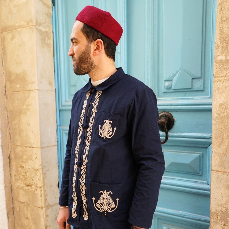 Dengri bleu brodé pour homme – Style traditionnel tunisien