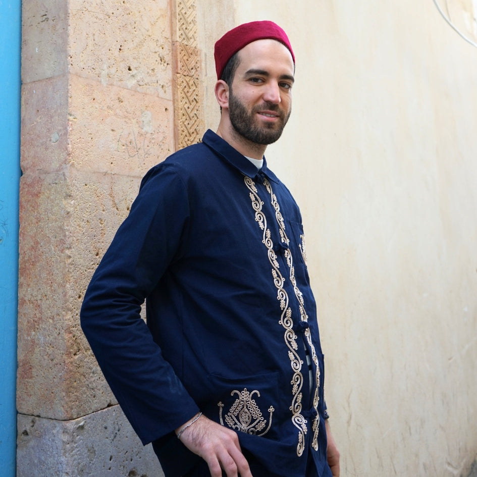 Dengri bleu brodé pour homme – Style traditionnel tunisien