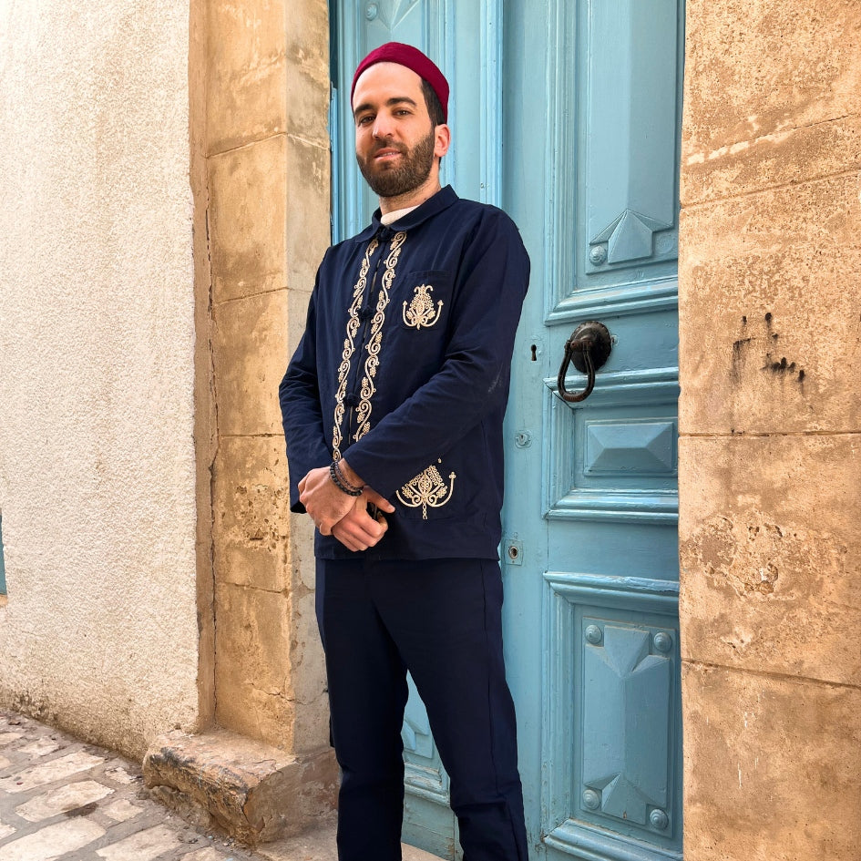 Dengri bleu brodé pour homme – Style traditionnel tunisien