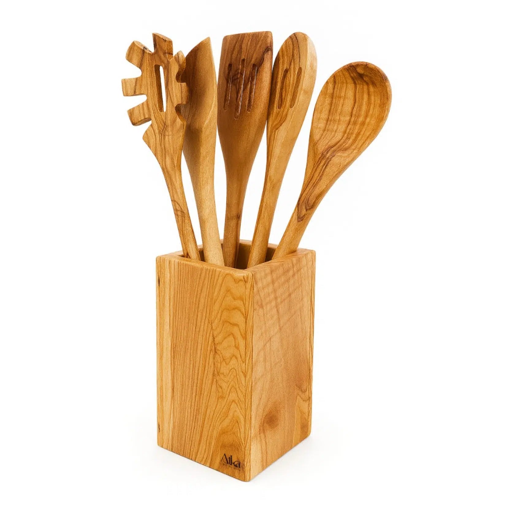 Ensemble de 5 ustensiles de cuisine en bois d'olivier avec support