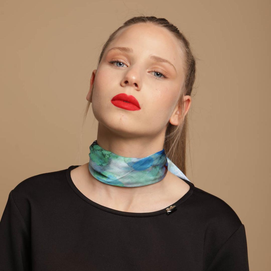 Blue natural silk scarf "Faint illusions"