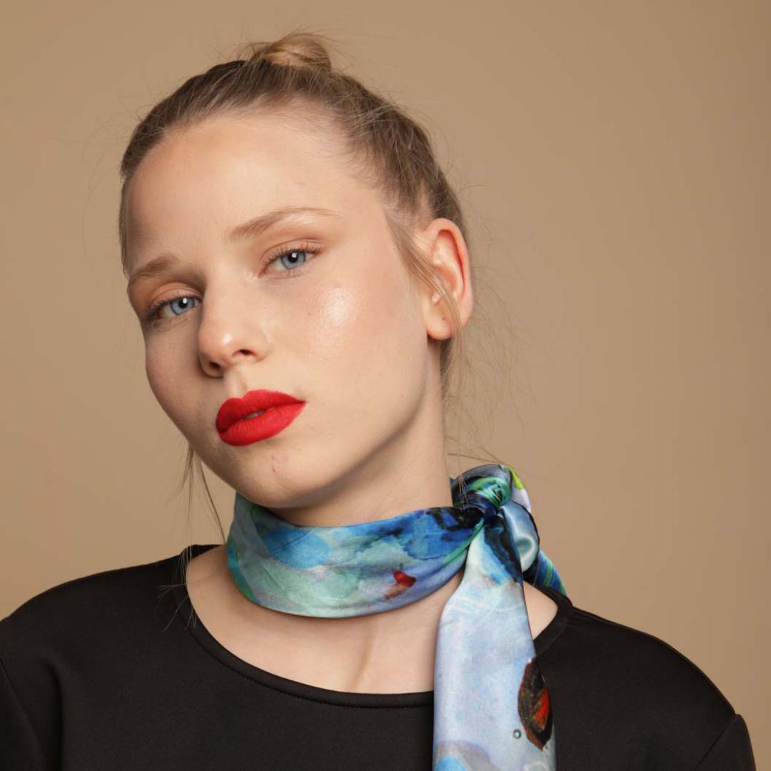 Blue natural silk scarf "Faint illusions"