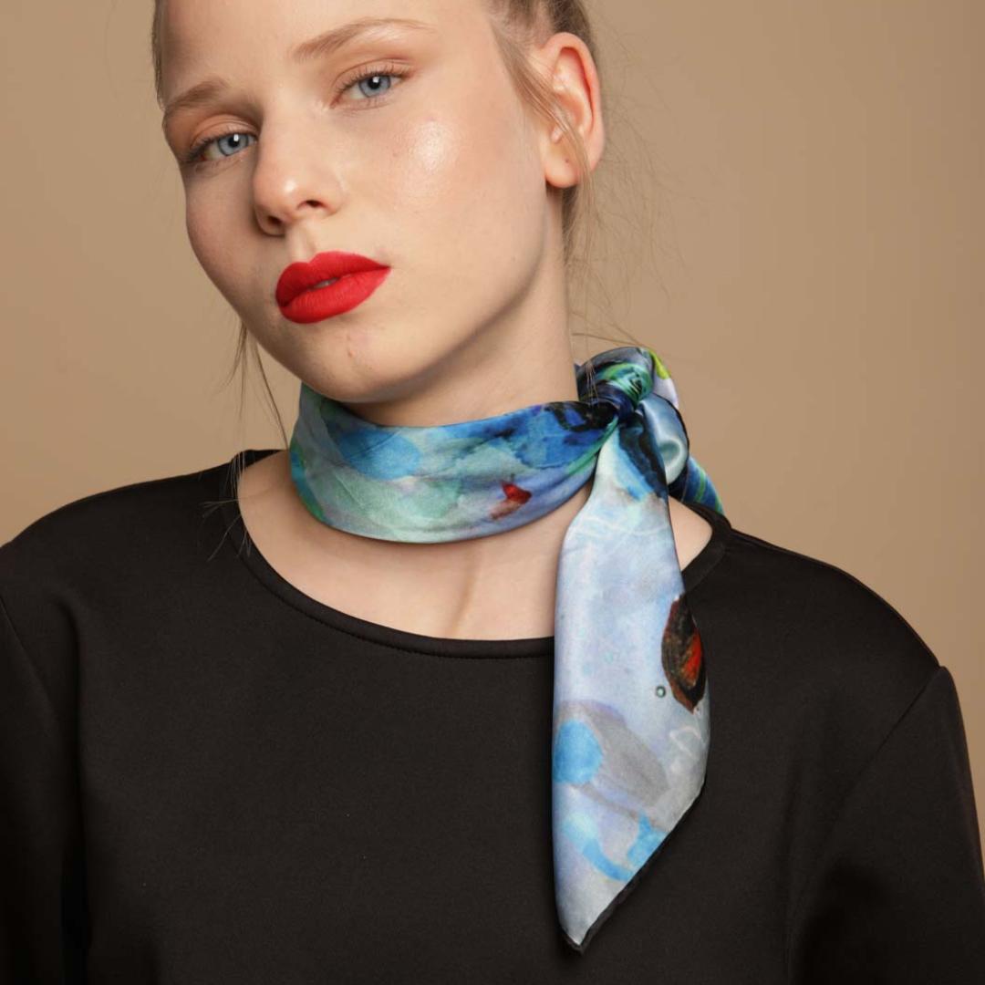 Blue natural silk scarf "Faint illusions"