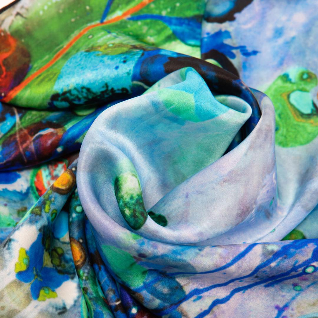 Blue natural silk scarf "Faint illusions"