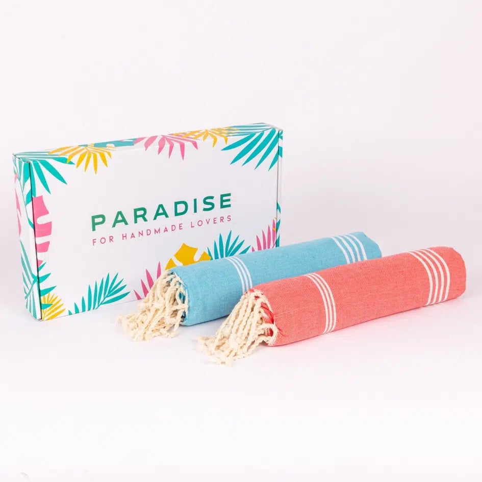 Lot de 2 foutas style Bali bleu turquoise et corail