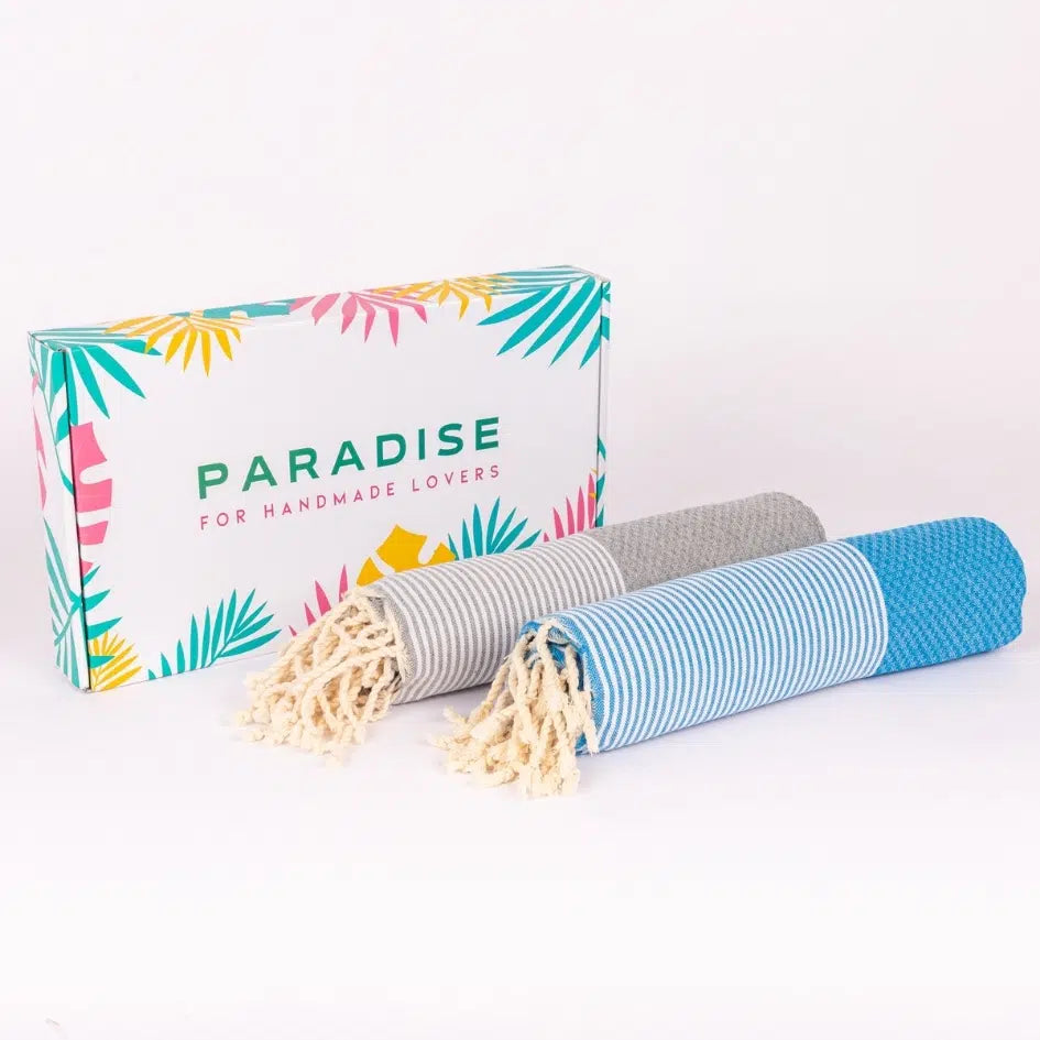 Lot de 2 foutas style Santorinie gris moyen et bleu turquoise