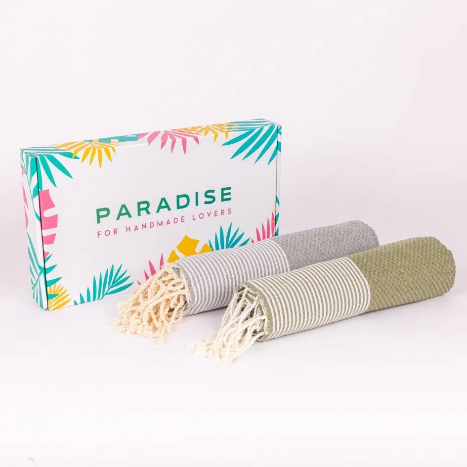 Lot de 2 foutas style Santorinie gris moyen et vert kaki