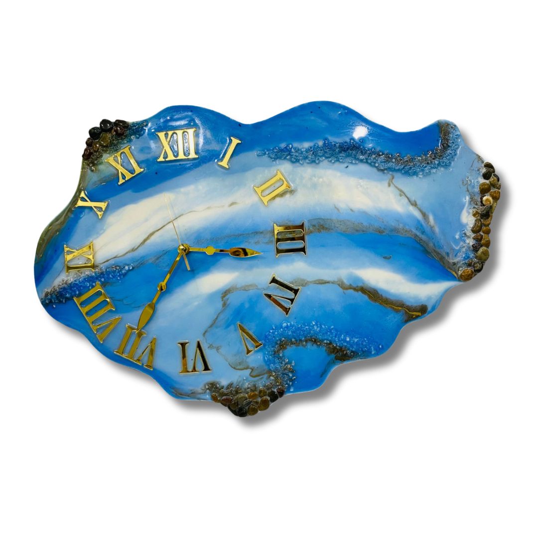 Horloge murale bleu ciel & doré en résine & bois (40x60 cm)