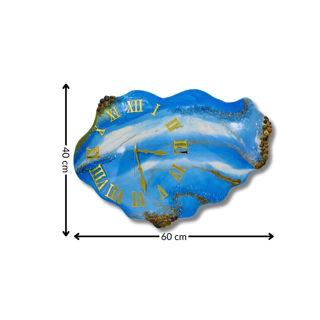 Horloge murale bleu ciel & doré en résine & bois (40x60 cm)