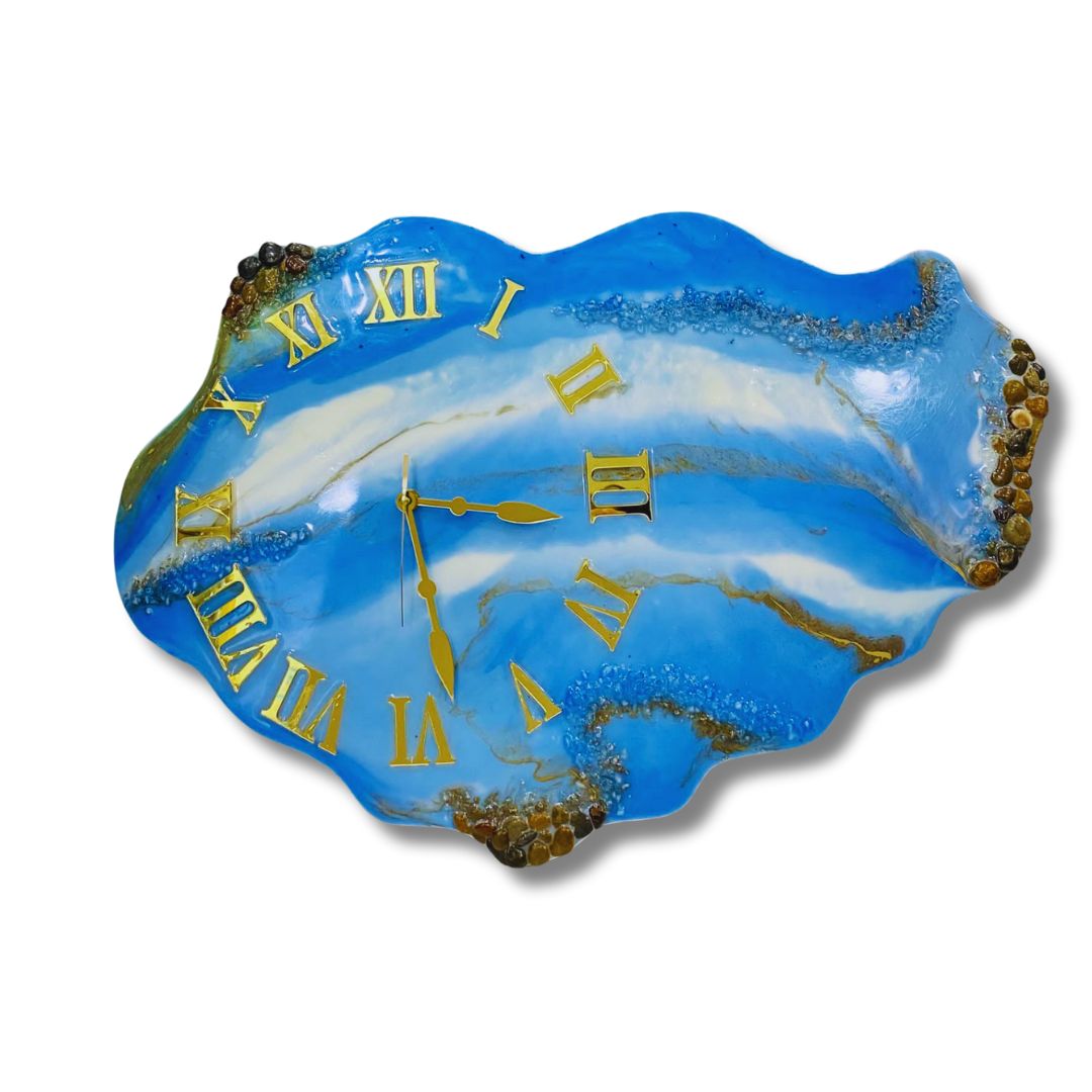 Horloge murale bleu ciel & doré en résine & bois (40x60 cm)