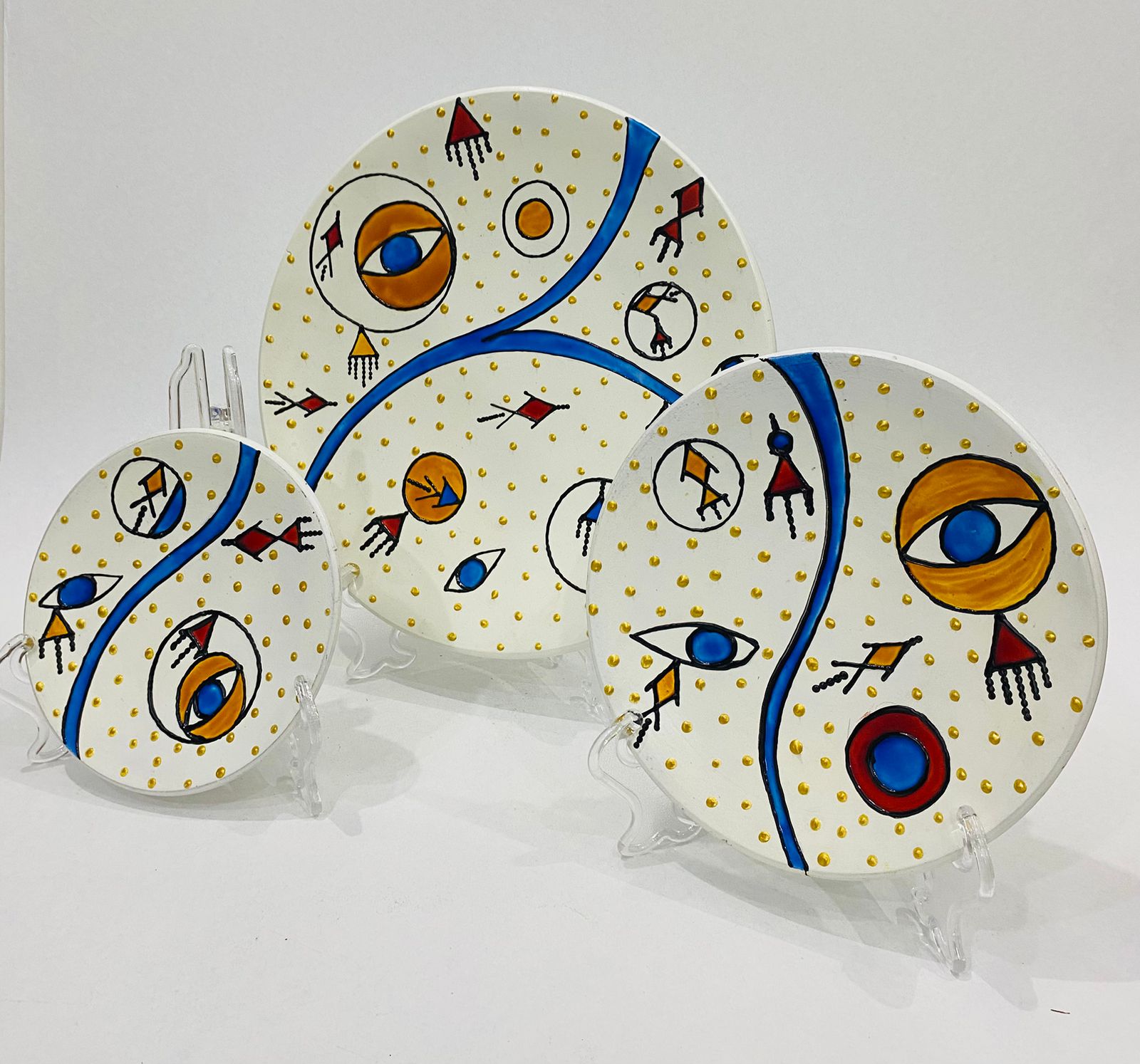 Assiettes décoratives yeux en céramique artisanales séries de 3 pièces