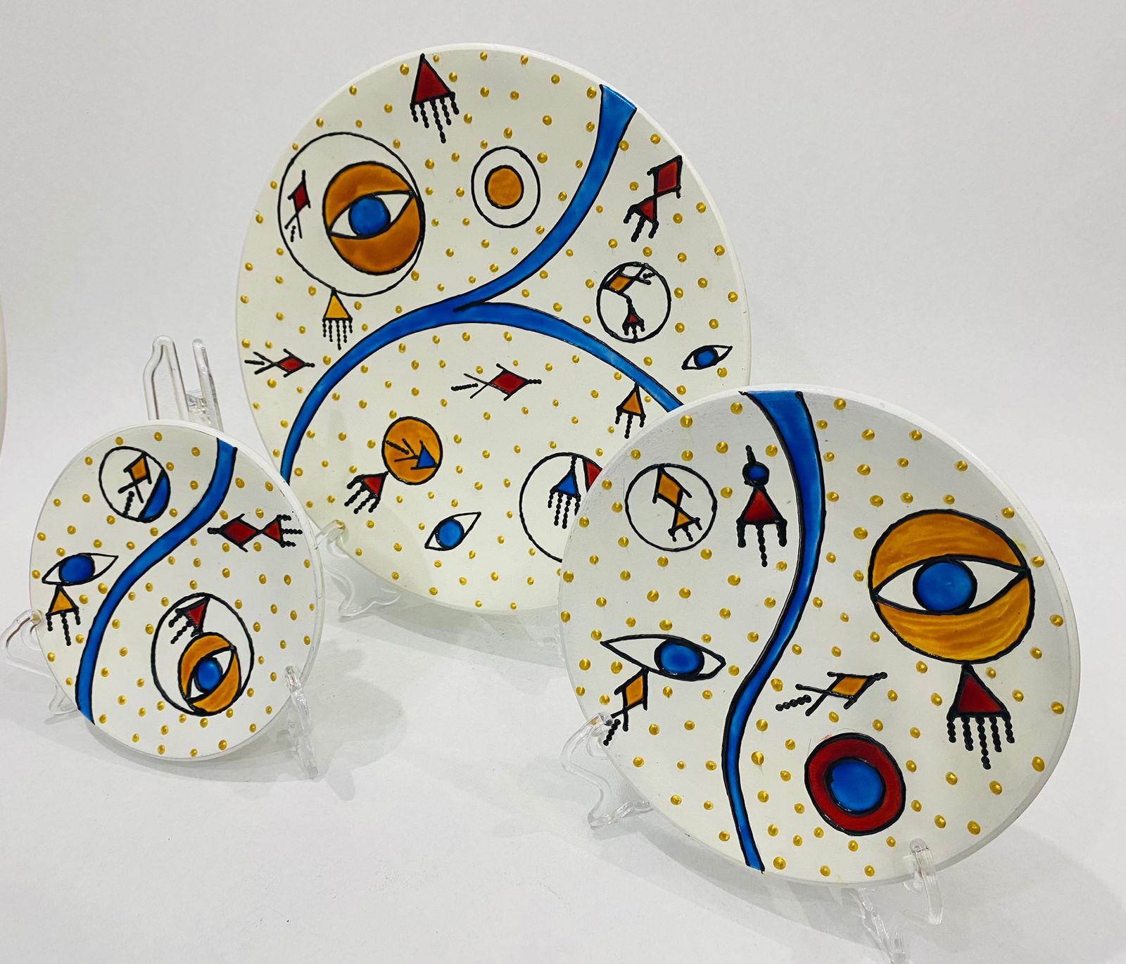 Assiettes décoratives yeux en céramique artisanales séries de 3 pièces