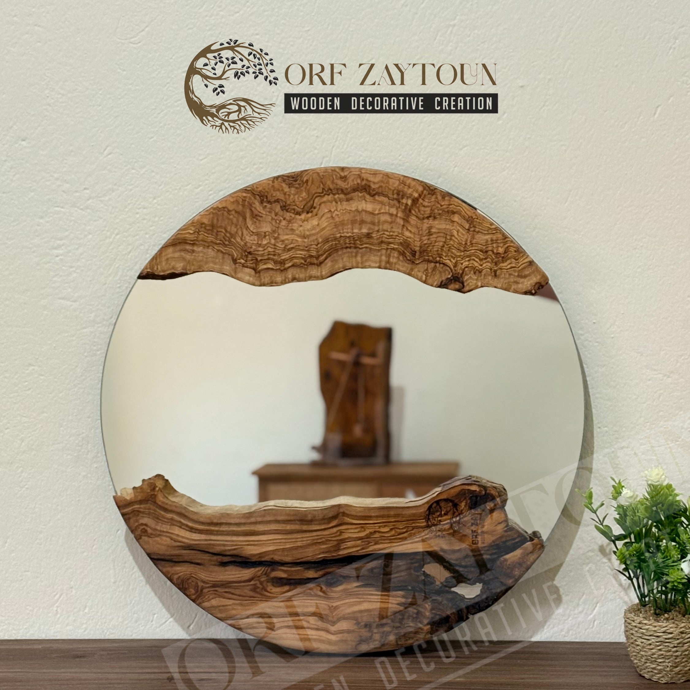 Miroir rond en bois d'olive