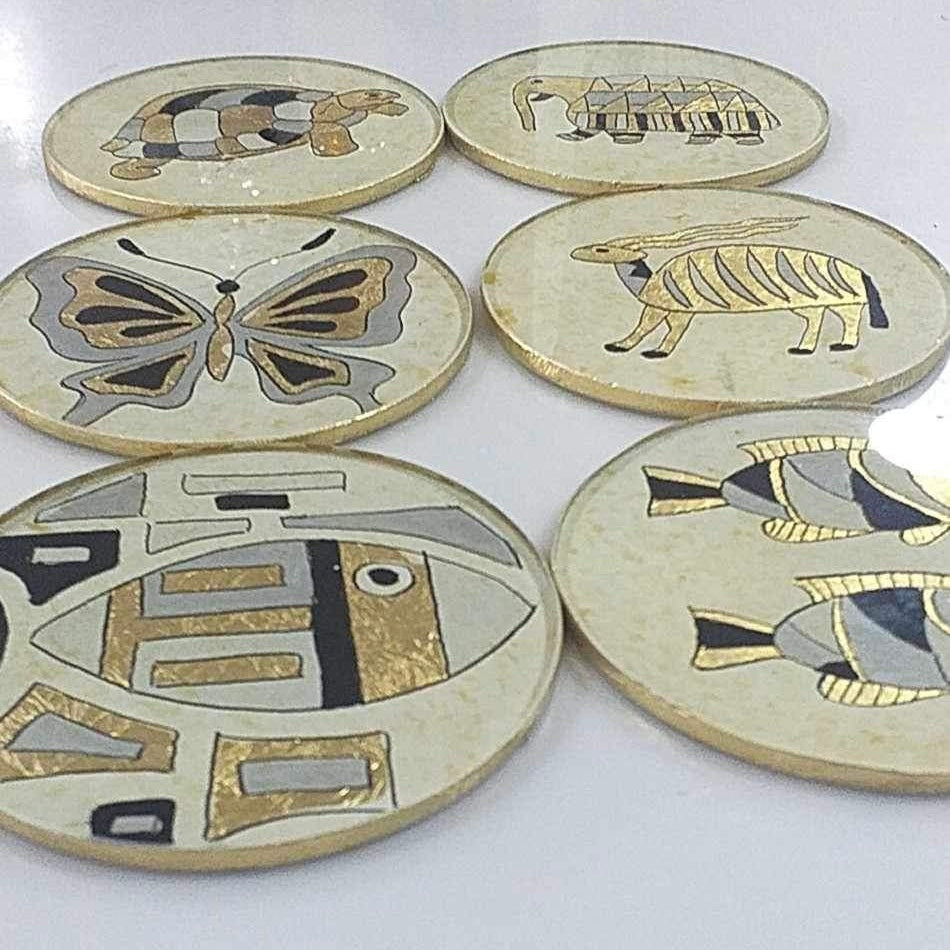 6 Dessous de verre POISSONS en doré et noir