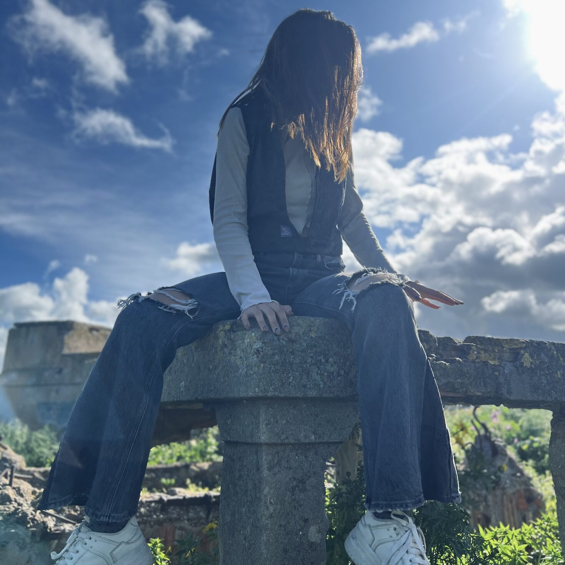 Upcycled vintage set: jacket & faded gray flare jeans (XS)