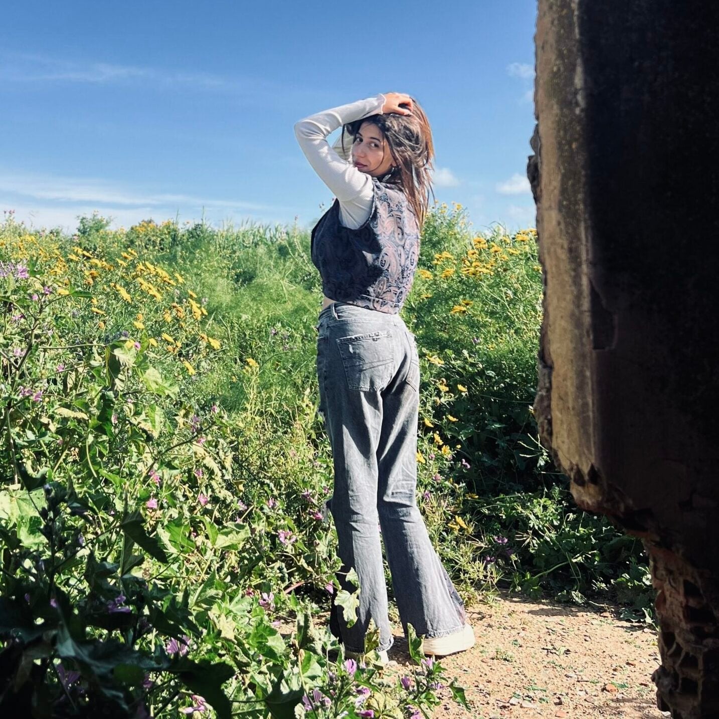 Upcycled vintage set: jacket & faded gray flare jeans (XS)