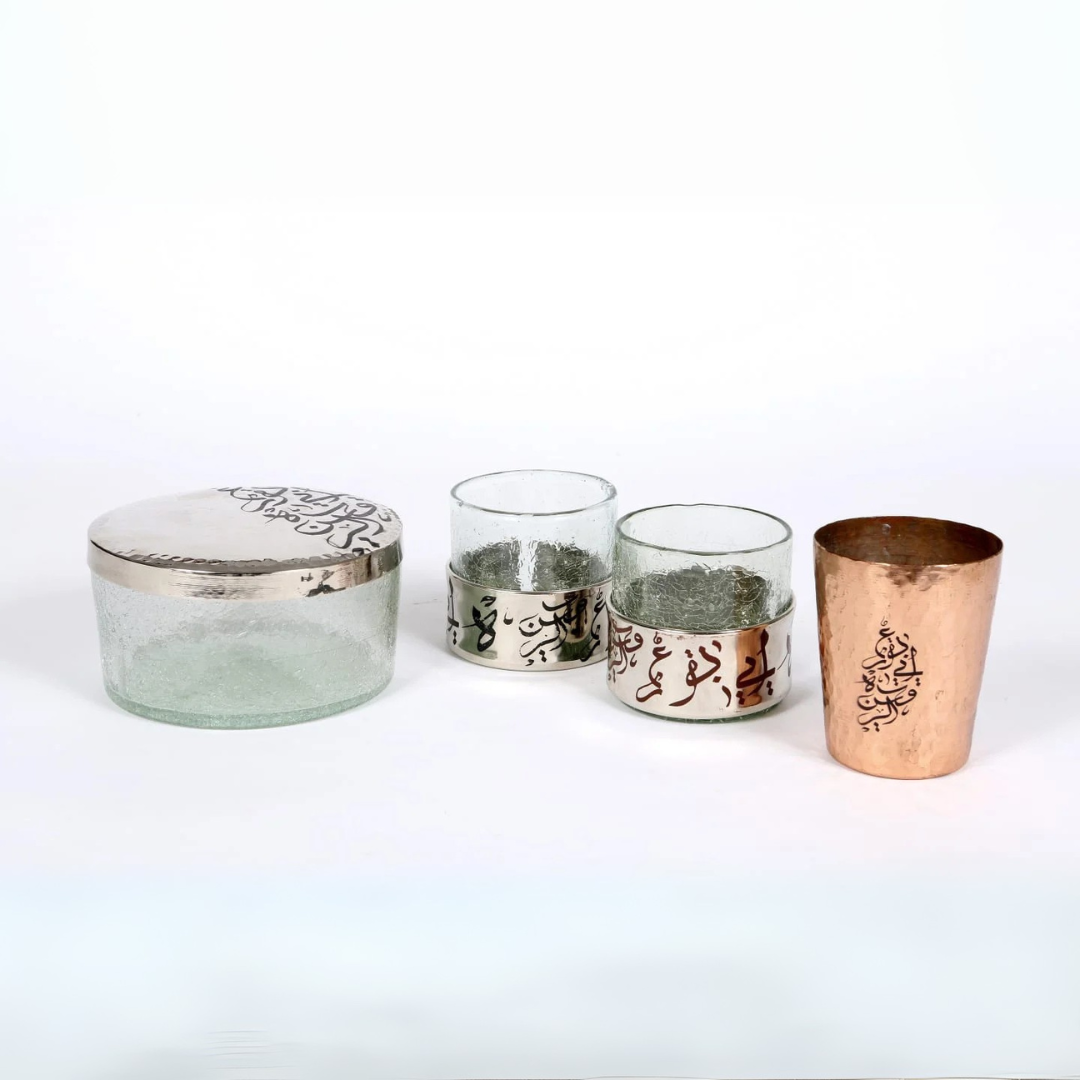 Intemporel Boîte Kufia, duo de verres soufflés & bougie calligraphiée parfumée