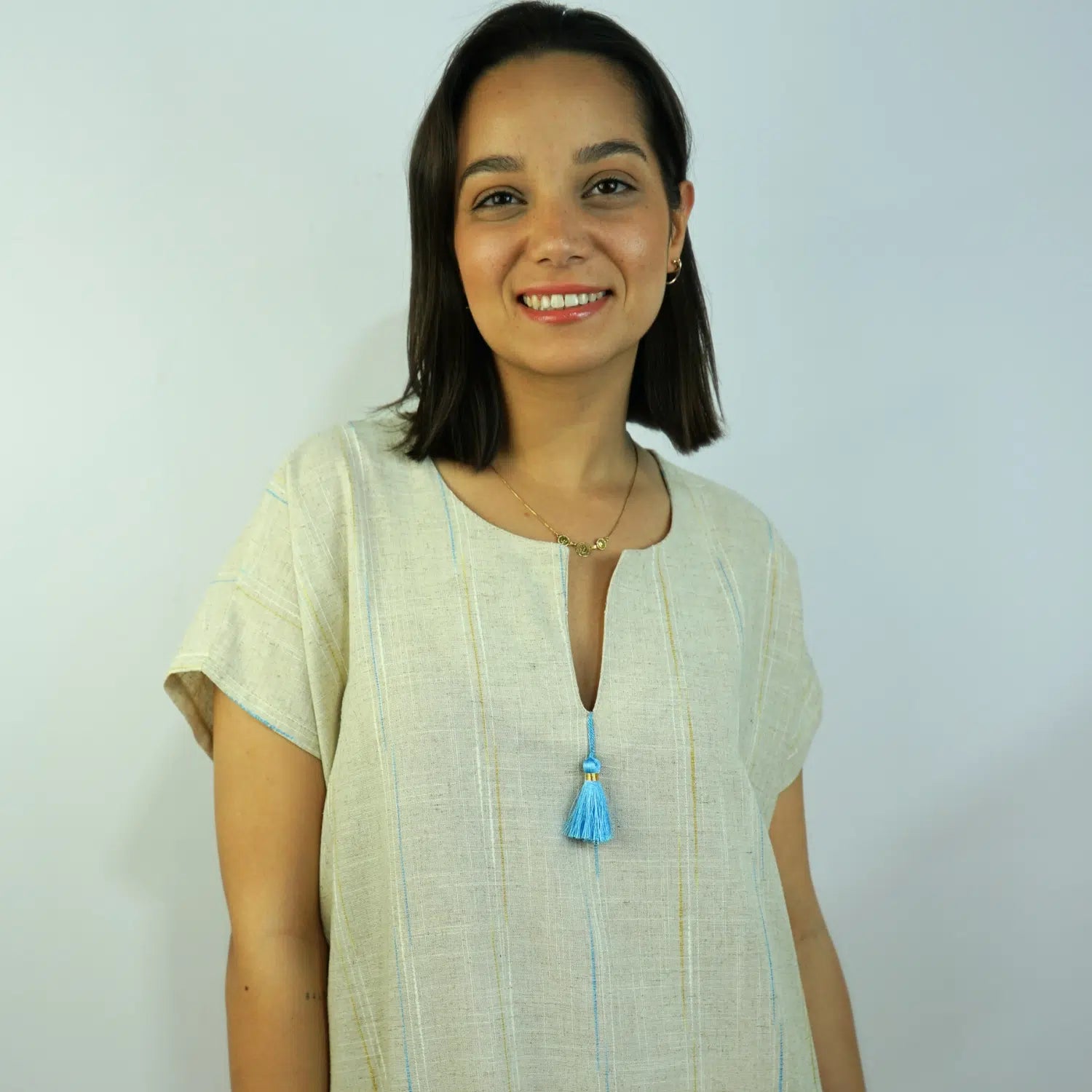 Jebba Beige en Lin avec Rayures Fines Bleu & Jaune