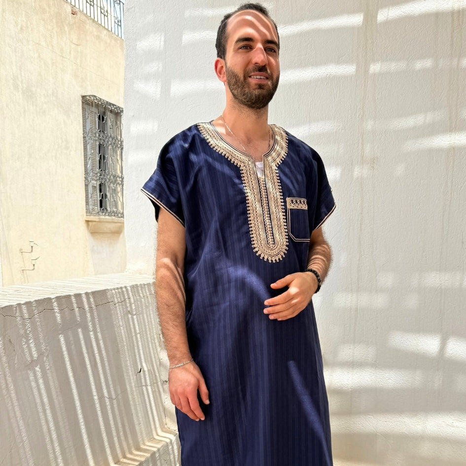 Jebba traditionnelle bleu roi avec broderie beige
