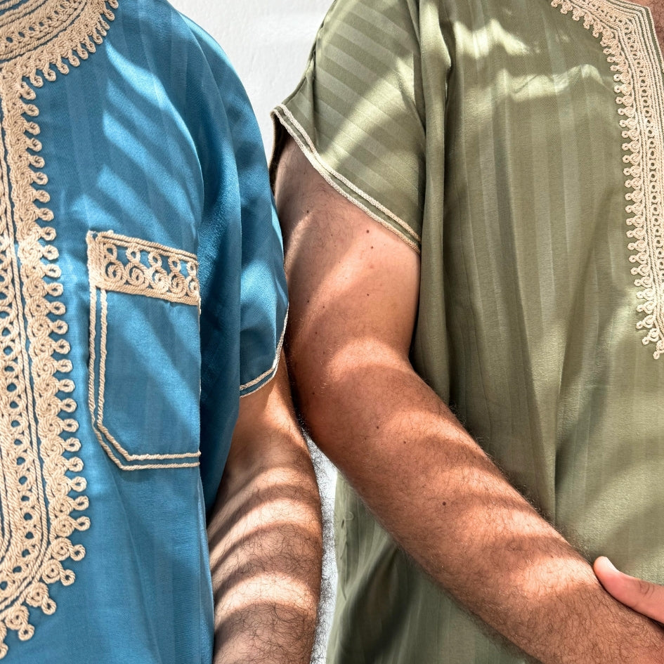 Jebba tunisienne bleu-vert brodée beige
