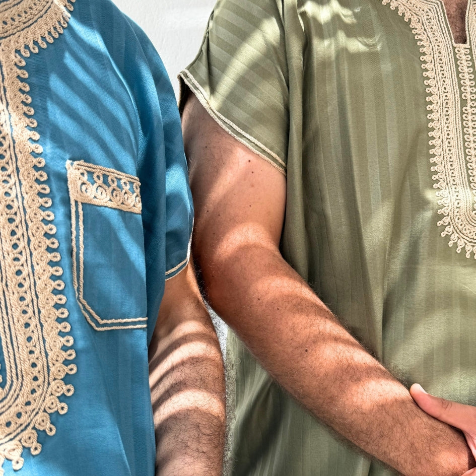 Jebba tunisienne bleu-vert brodée beige