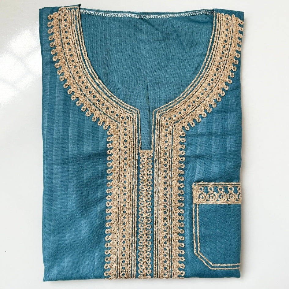 Jebba tunisienne bleu-vert brodée beige