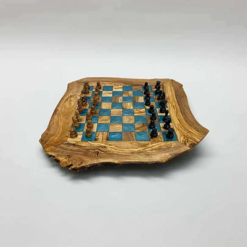 Jeu d'échecs en bois d'olivier avec pieds et tiroirs, résine intégrée