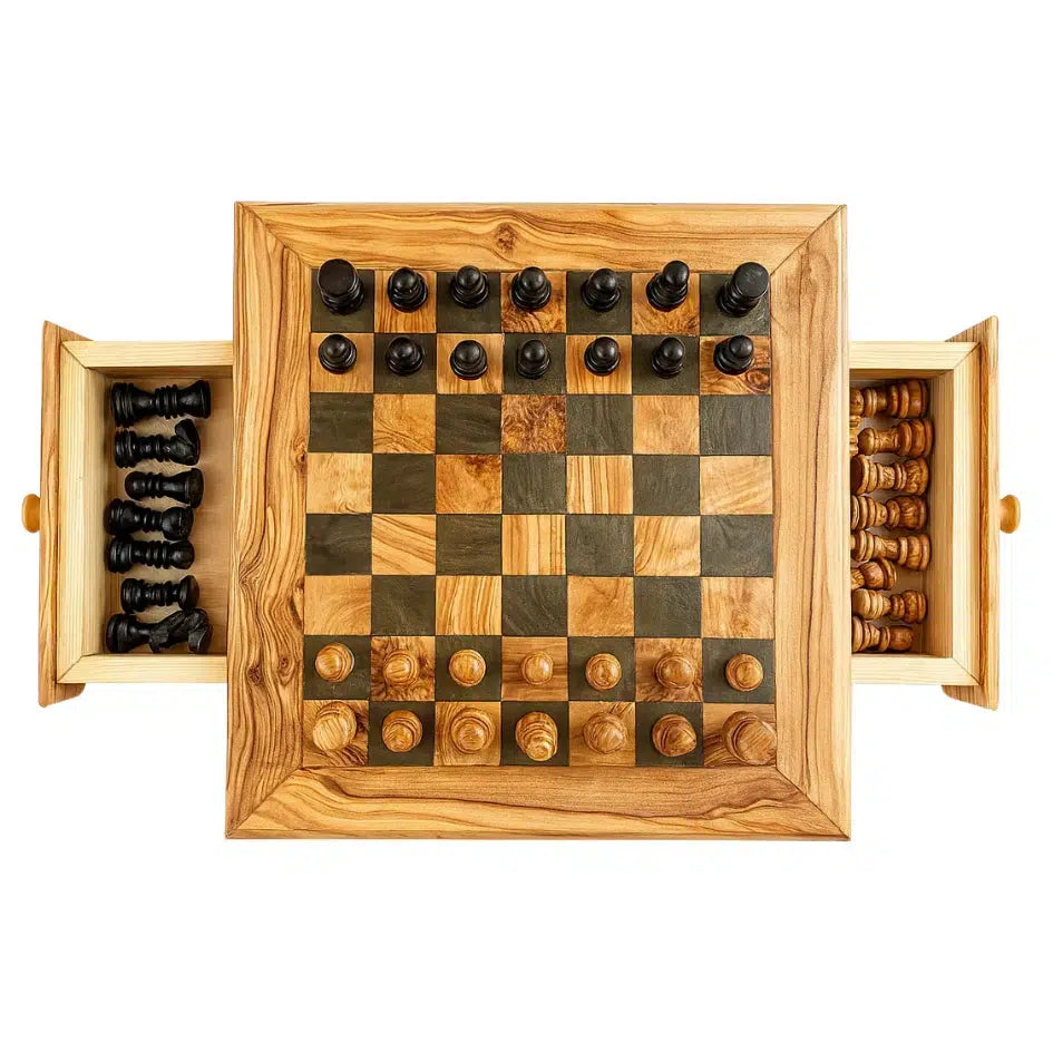 Jeu d'échecs en bois d'olivier avec tiroirs - Élégance Artisanale