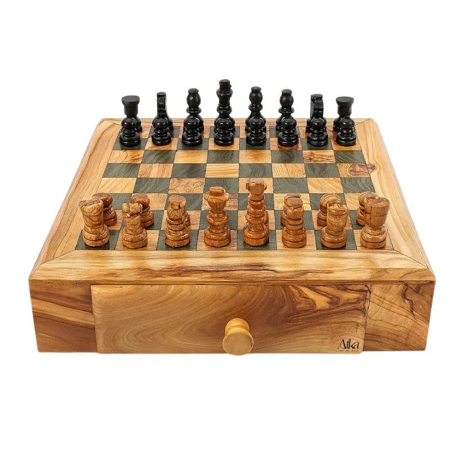 Jeu d'échecs en bois d'olivier avec tiroirs - Élégance Artisanale