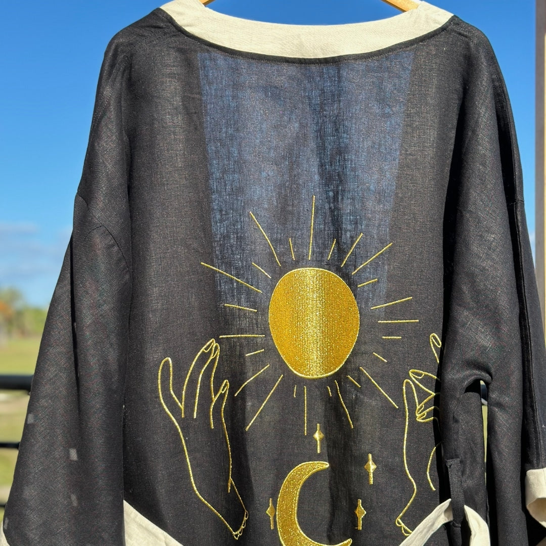 Black boho kimono with gold "SUN" illustration and waistband