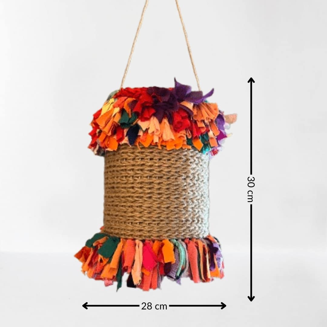 (28) Luminaire suspension "HOUCHE" style bohème en tissu recyclé (30x28 cm)