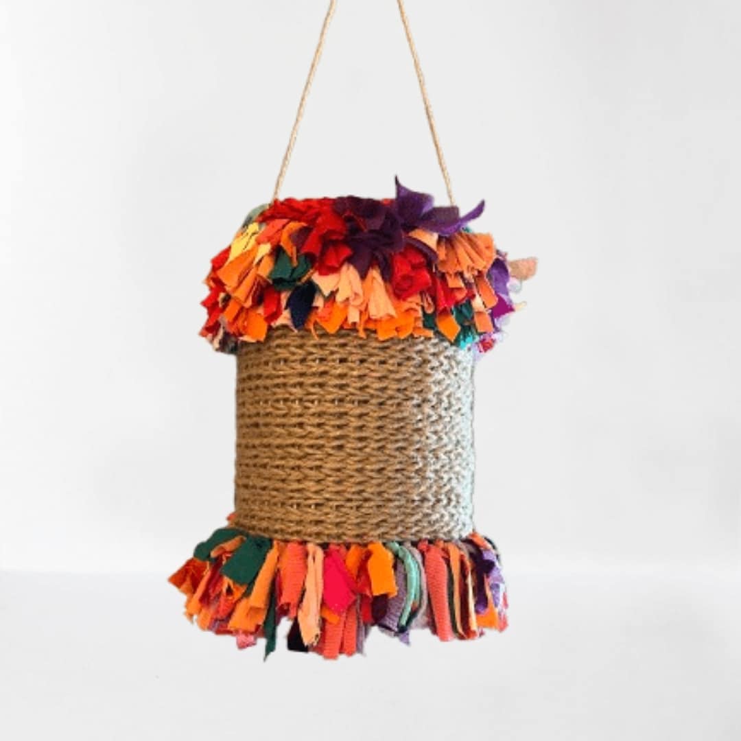 (28) Luminaire suspension "HOUCHE" style bohème en tissu recyclé (30x28 cm)