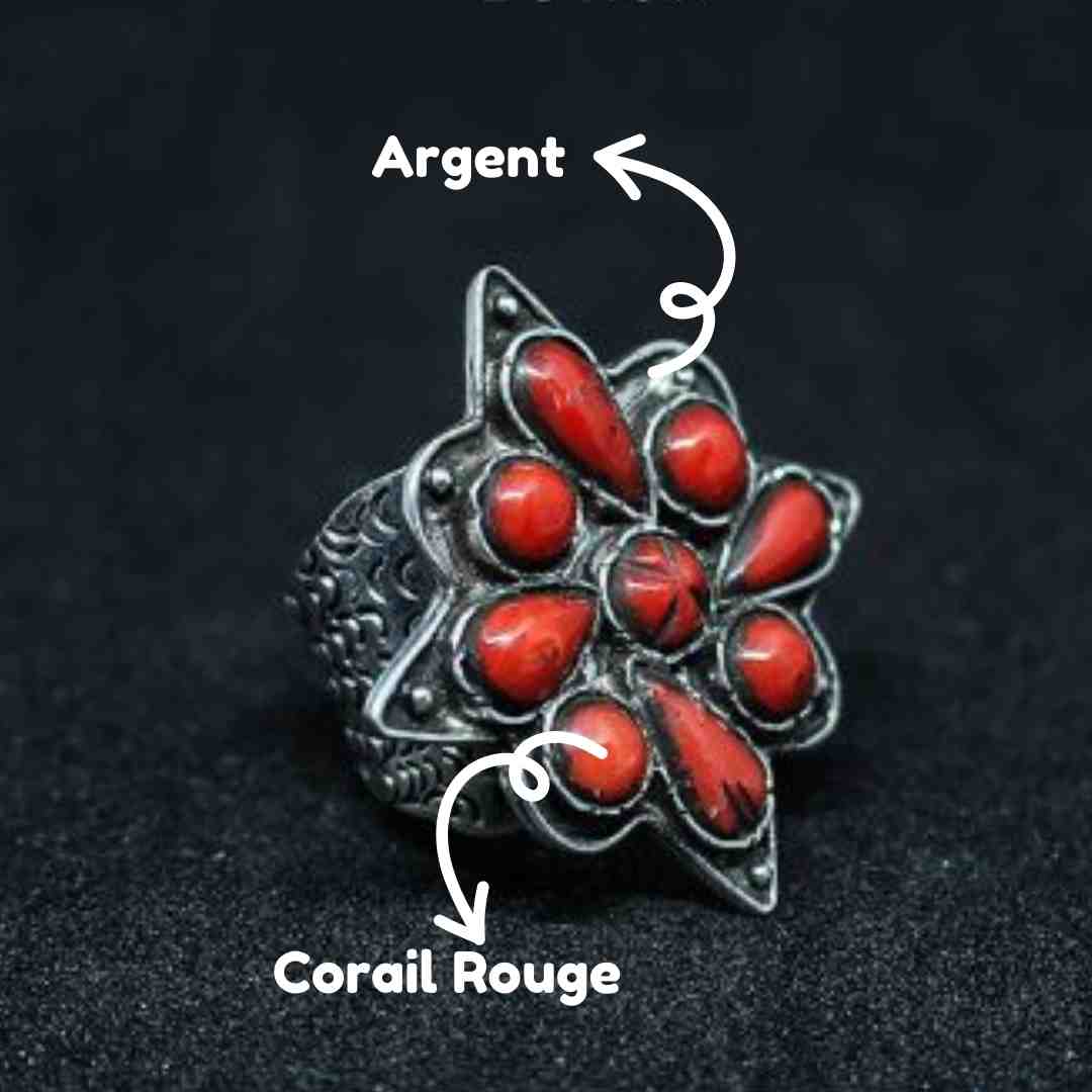 Bague Argent Et Corail Rouge, bague pour femme argenté en corail naturel