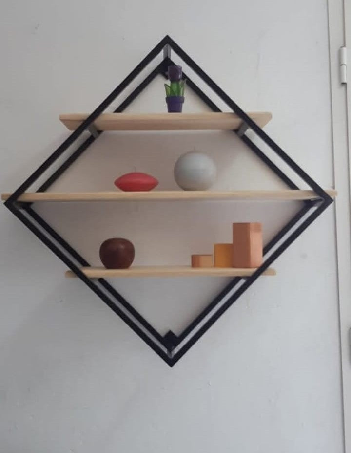 Étagère murale décorative en acier & bois de frêne – Design losange