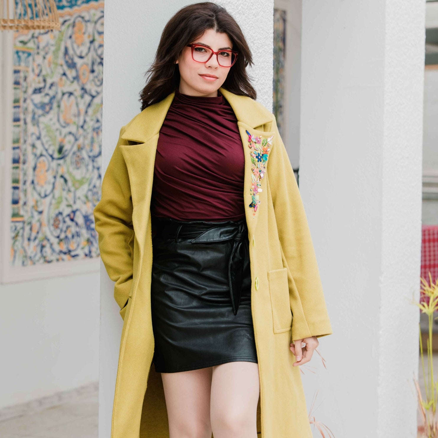 Hand-embroidered mustard yellow long coat