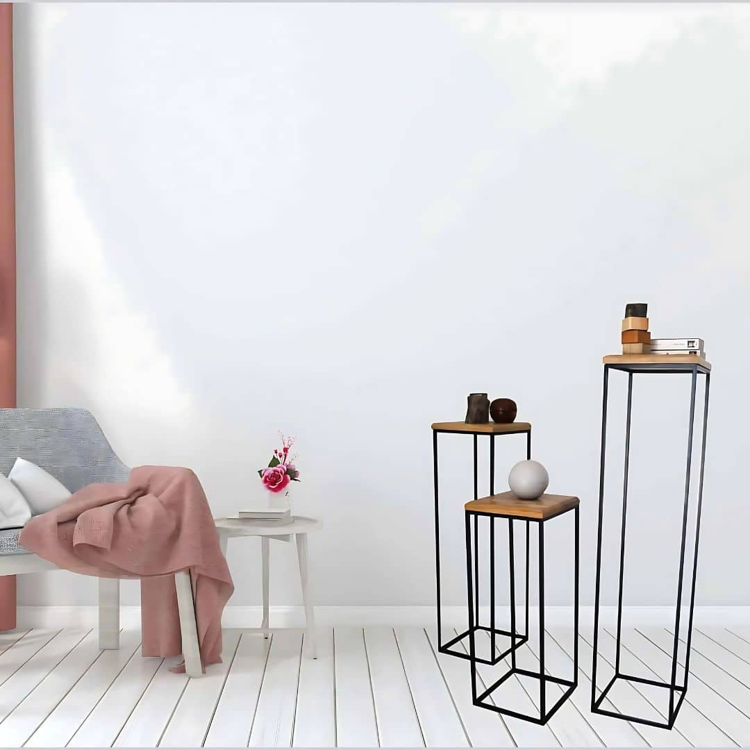 Ensemble de trois éléments décoratifs pour entrée et salon en acier et bois fraké