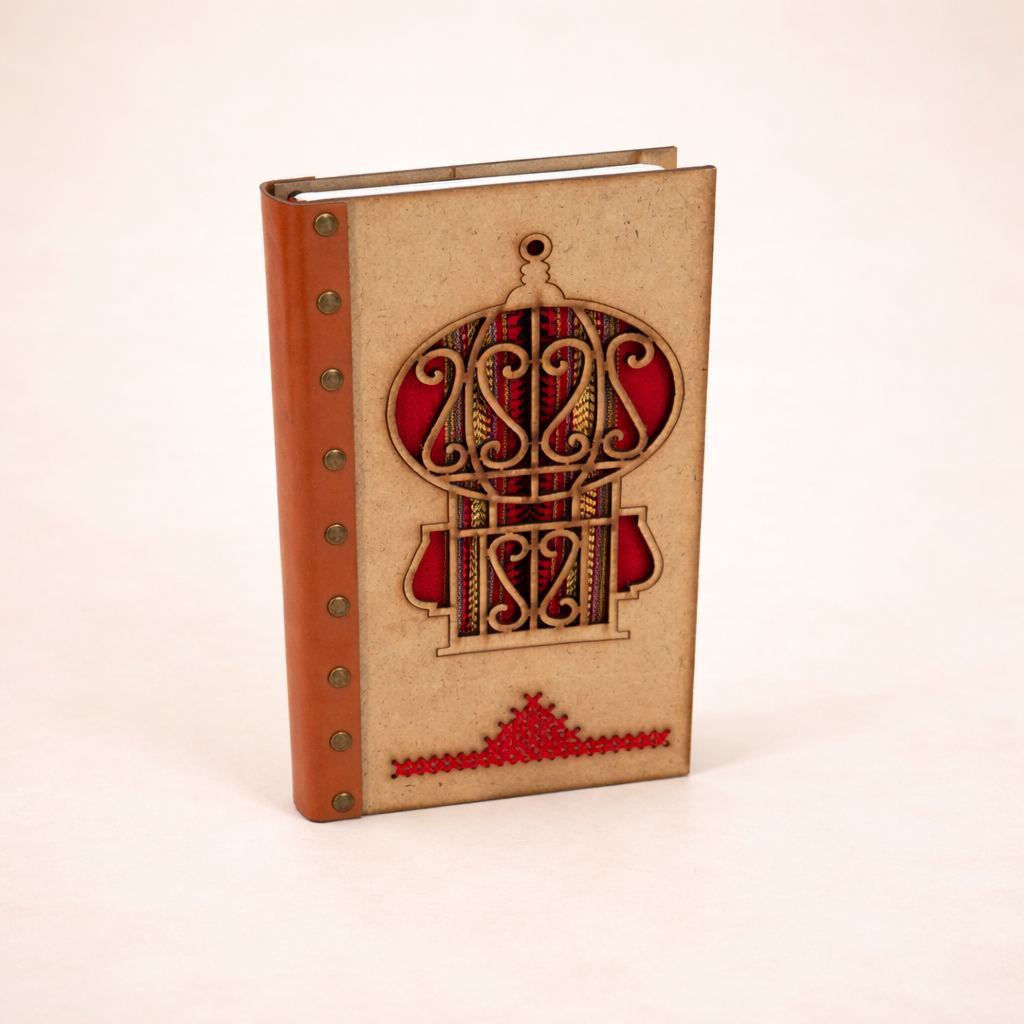 Bloc note en bois et cuir avec design mosquée rouge