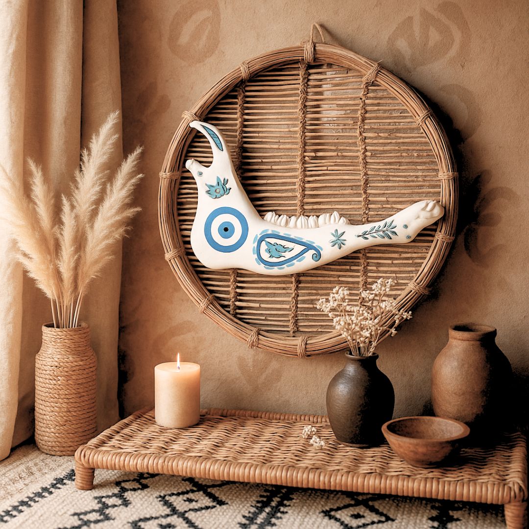 Mâchoire animale décorée bleu sur osier naturel