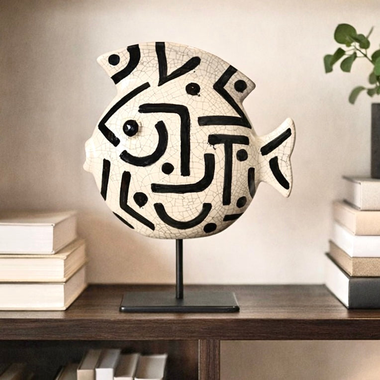 Sculpture poisson "ARTY" en céramique sur socle métallique