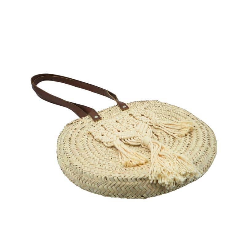 Panier rond avec anses et bandoulière en cuir marron