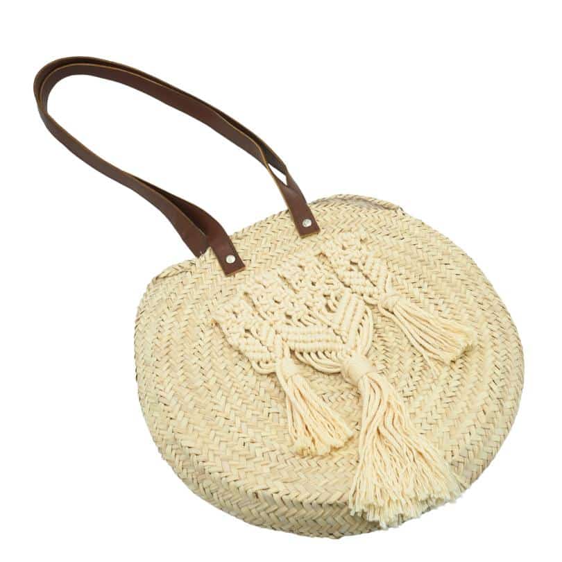 Panier rond avec anses et bandoulière en cuir marron