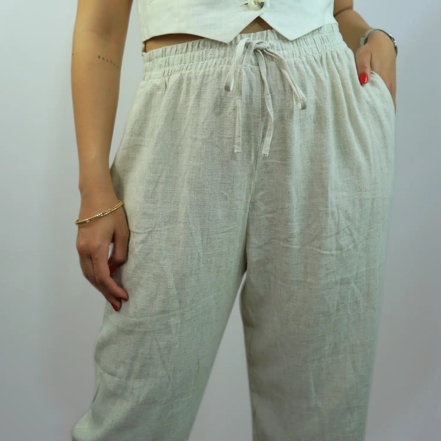 Pantalon Beige en Lin Style Loose