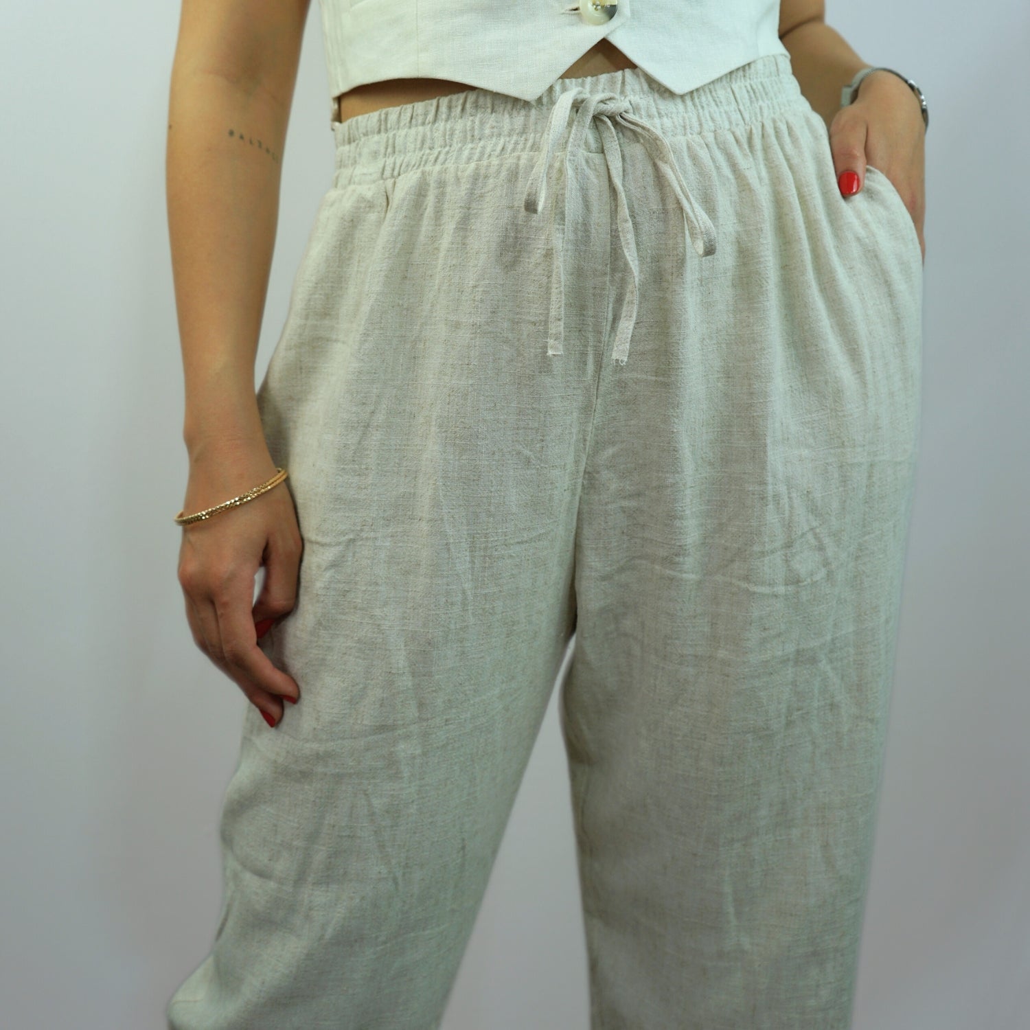 Pantalon Beige en Lin Style Loose