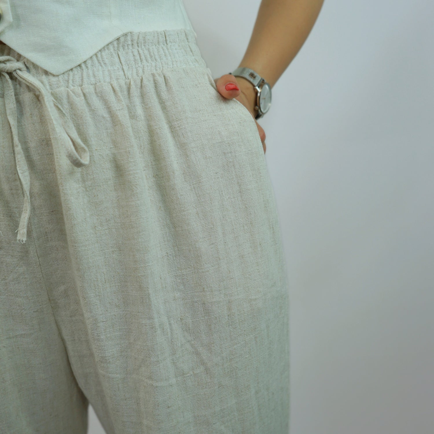 Pantalon Beige en Lin Style Loose